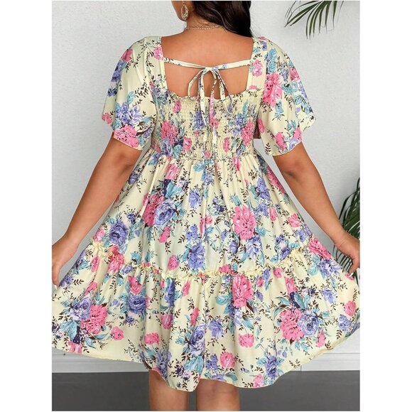 Plus Size Women's Boho Floral Ruffle Dress High Waisted A Line Vacation Wear - Picture 2 of 5